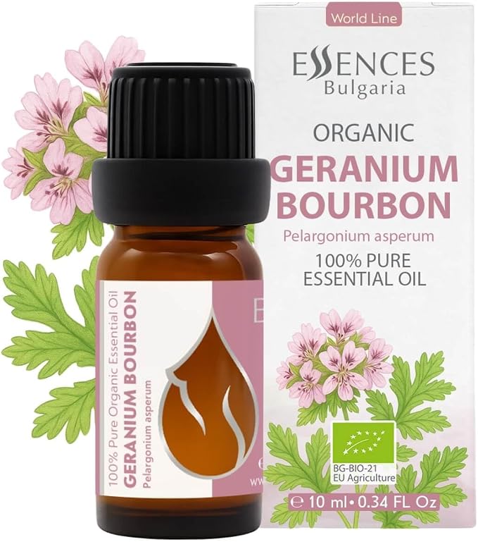 Essences Bulgaria Organic Geranium Bourbon Essential Oil 0.34 Fl Oz | 10ml | Pelargonium asperum | 100% Pure and Natural | Undiluted | Therapeutic Grade | Aromatherapy | Cosmetics | Cruelty Free