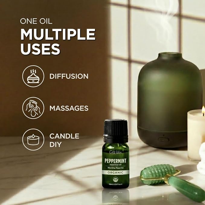 Gya Labs USDA Certified Organic Peppermint Essential Oil for Diffuser - for Topical Use, Hair, Body, Massages, Aromatherapy, DIY Candle Making Scents - 0.34 Fl Oz