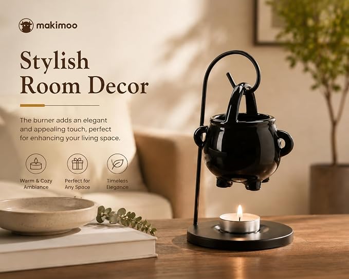 Hanging Pagan Cauldron Oil Burner, Black Wax Warmer Aroma Diffuser, with Handle, for Essential Fragrance Wax Melts, Enchanting Witches' Home Decor Element.