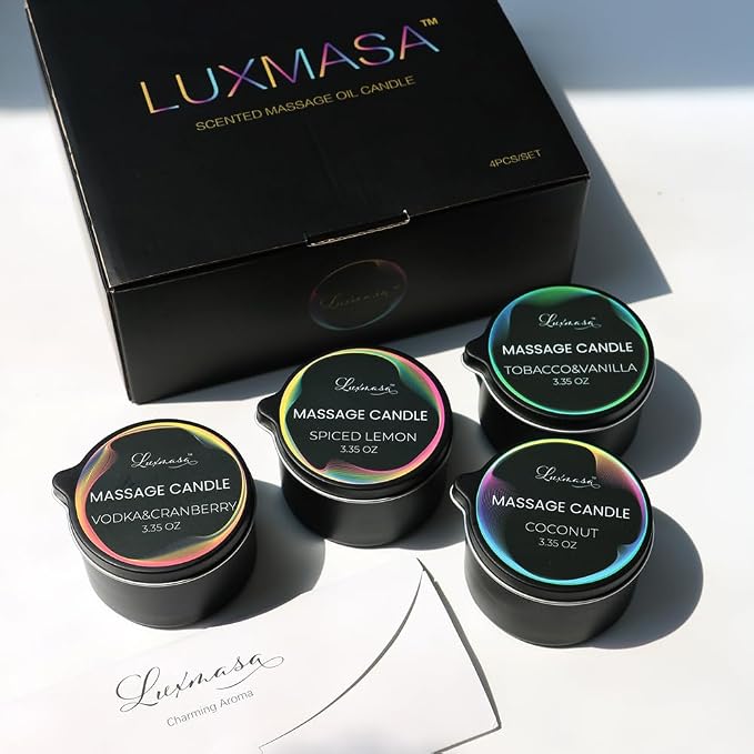 Massage Candles for Body Therapy-Natural Soybean Wax Low Temp Massage Oil Candles for Skin Care-Body Lotion Candle Romantic Gift Set of 4 pcs 13.4 OZ