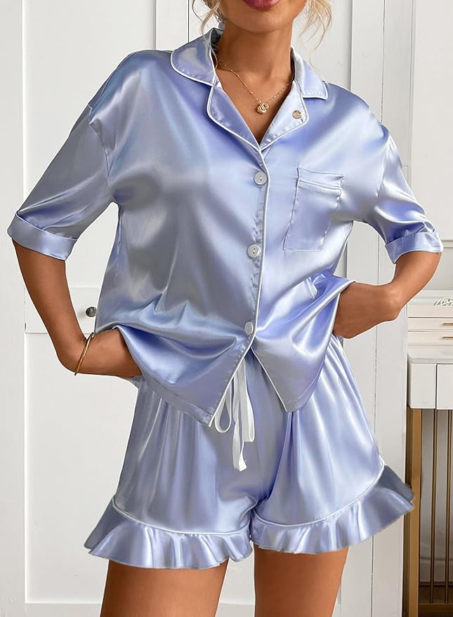 CHYRII Women's Silk Satin Pajamas Two Piece Pj Sets Short Sleeve Tops Ruffled Shorts Sleepwear with Magnetic Diffuser