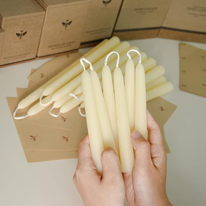 DEYBBY 6 inch Short Natural White Beeswax Candles Set of 12, Smokeless Dripless Pure Organic Beeswax Taper Candles for Dinner Decoration Ritual Emergency (Cream)