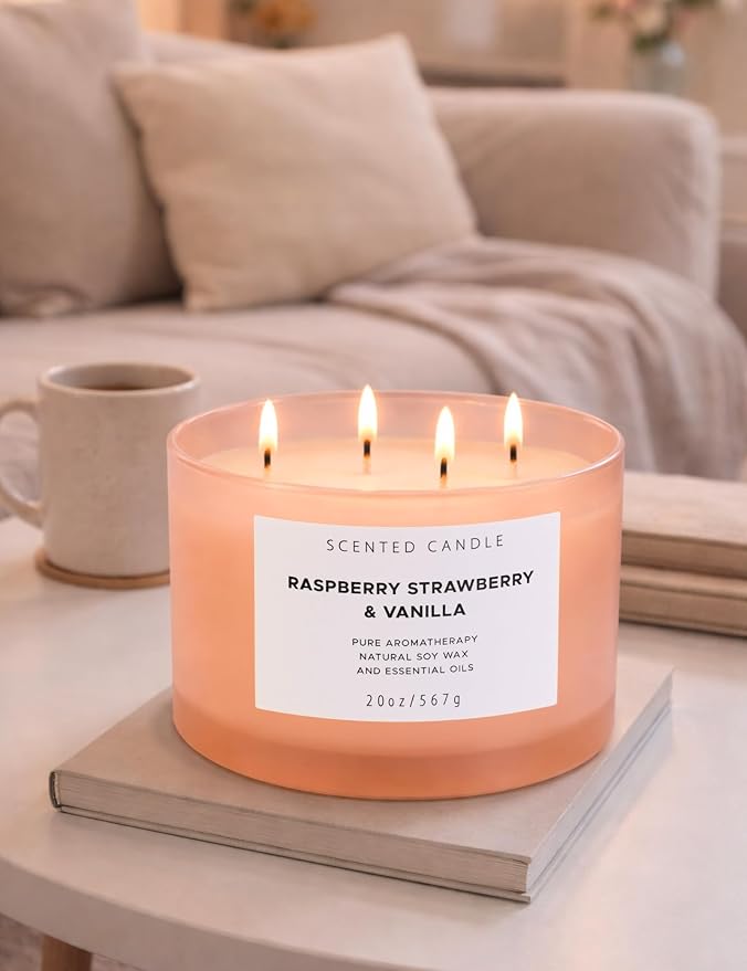 Raspberry Strawberry Vanilla Scented Candle | 4 Wick Extra Large Soy Candle 20 oz | Strong Scented Fruity Aromatherapy Candle for Women | Sweet Berry Vanilla Home Scent | Long Lasting Clean Burn