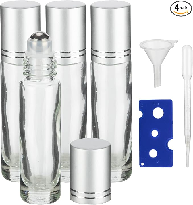 10ML Essential Oil Roller Bottles, 4 Pack Clear Silver Oil Roller Bottles for Essential Oils, Roll on Bottle with Stainless Steel Balls(4 Labels, Opener, Funnel, Dropper Included)