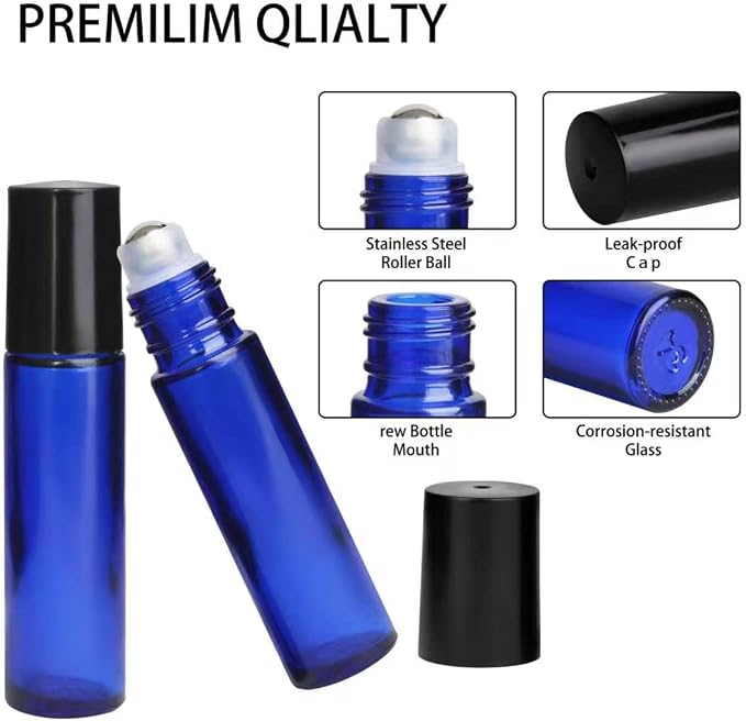 24-Pack 10ml Glass Roll-On Bottles with Stainless Steel Rollers, Refillable Roll-On Applicators for Essential Oils, Castor Oil, Aromatherapy, and Empty Deodorant Containers (Blue)