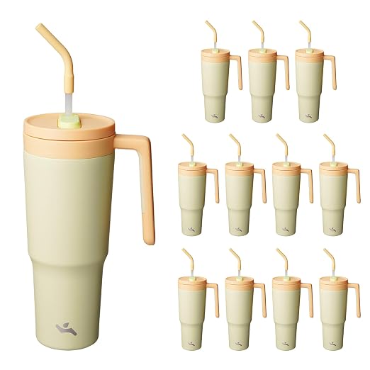 Konokyo 12 Pack 40 Oz Tumblers with Handle and Straw, Bulk Vacuum Insulated Stainless Steel Travel Mugs with Lids for Office, Events and Group Orders Lemon