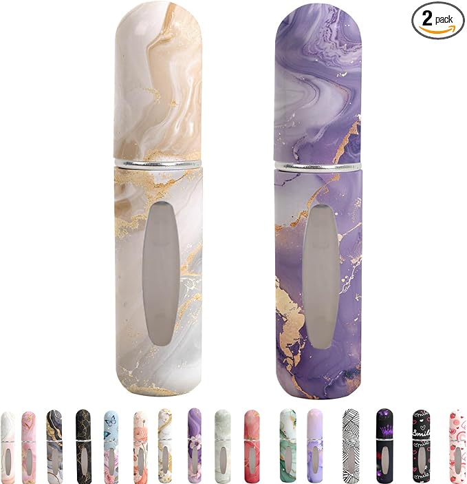 Refillable Perfume Atomizer Travel Bottles– Portable Leakproof Mini Sprayer for Cologne & Essential Oils, Plastic Empty Perfume Bottles with Unique Patterns,2 Pcs Pack of 5 ml (Grey and purple marble)