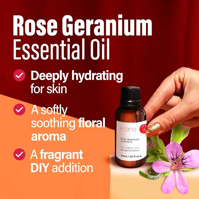 H'ana Rose Geranium Oil - 1.02 Fl Oz Rose Geranium Essential Oil for Hair, Skin, Diffuser, Aromatherapy & DIY