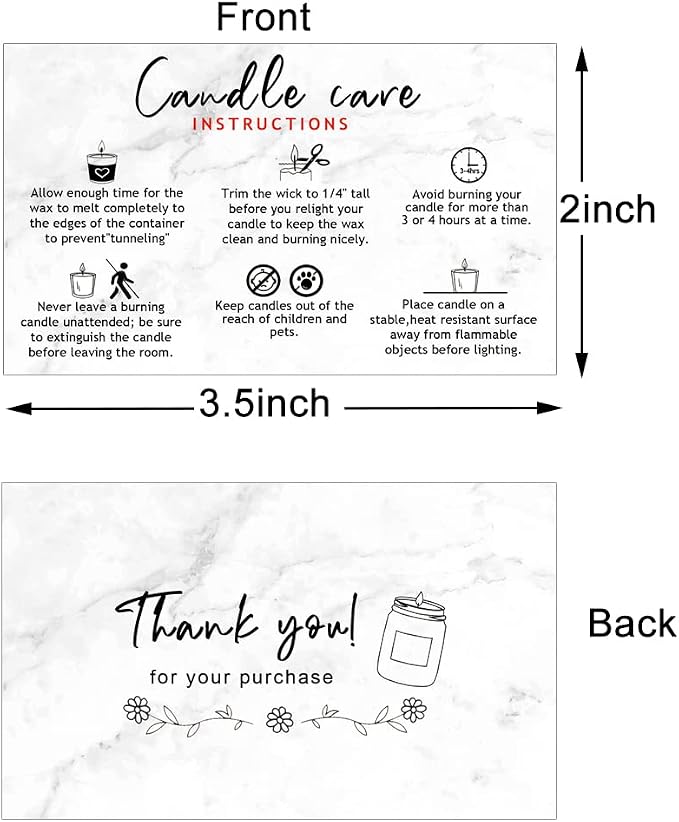 Handmade Candle Care Instruction Card, Candle Care Instruction Card, 3.5 x 2 inches for Handmade Candle Makers Soy Bees Wax Coconut Essential Oils, 50 Pack(Marble Look Design)