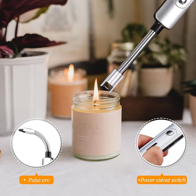 5Pcs Candle Accessory Set with Rechargeable Electric Lighter, Storage Tray, Wick Trimmer, Snuffer, Dipper - Stainless Steel Care Kit with Gift Package for Candle Lovers - Silver