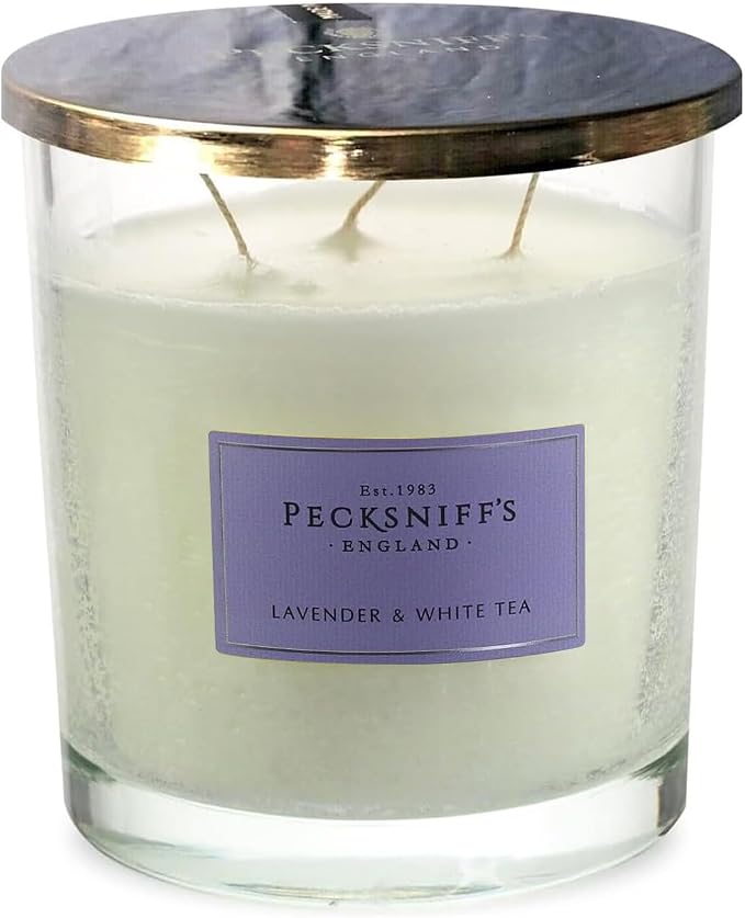 Pecksniffs Lavender & White Tea Scented Candle | Elegant Glass Vessel with Metal Lid Candles for Home Scented | 3 Wick Candles, 550g/19.4oz