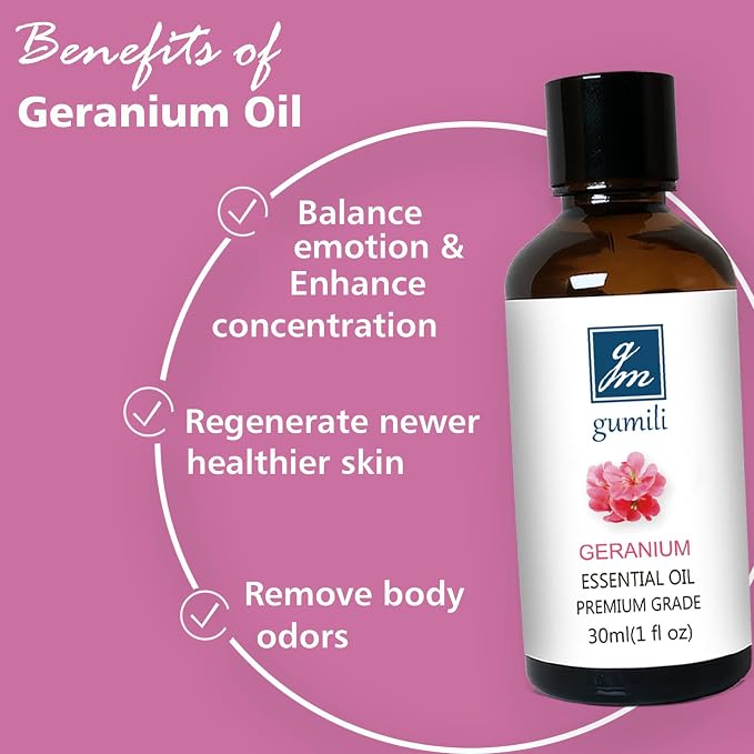 GM Gumili Geranium Essential Oil 1 Oz, 100% Pure Geranium Oil for Diffuser, Skin, Hair, Face, Soap & Candle Making, Aromatherapy & Massage