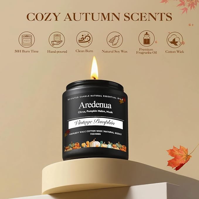 Vintage Pumpkin Candle – Warm Holiday Pumpkin Scent, Cozy Christmas Winter Seasonal Candles for Home, Hand-Poured Soy Candles for Christmas Décor & Cozy Gifting