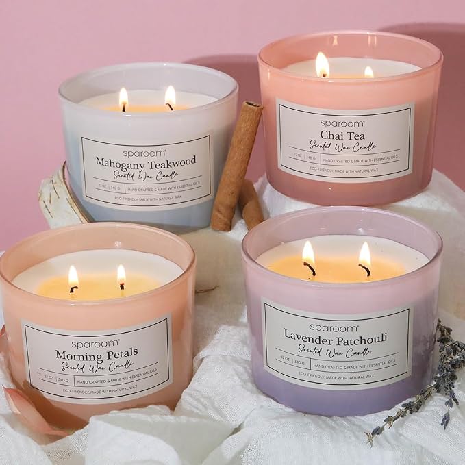 Sparoom Candle Morning Petals Scented 2 Wick Candle, 12 oz Long Lasting Non Toxic Clean Burn, Color Glass with Wooden Lid