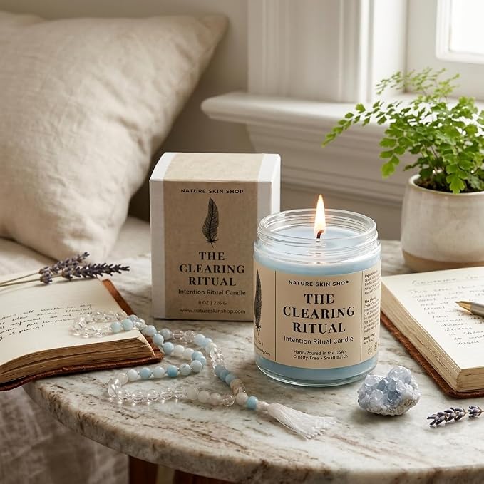 Nature Skin Shop The Clearing Ritual Intention Soy Candle White Sage and Palo Santo Aromatherapy Home Fragrance Vegan Cotton Wick 8 oz