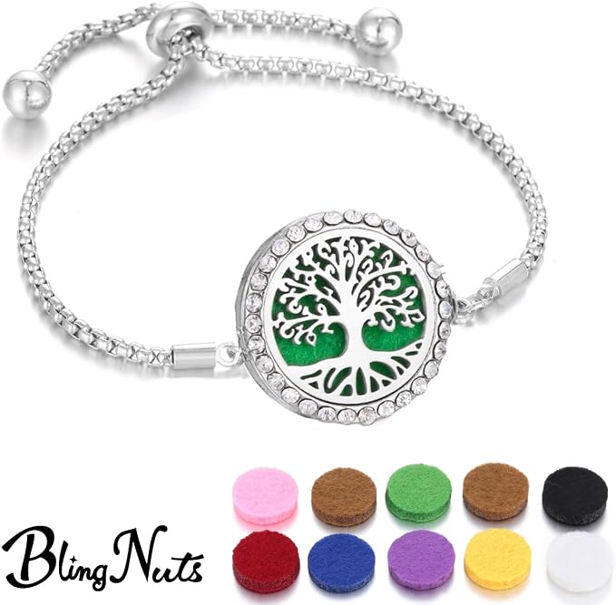 316L Stainless Steel CZ Family Tree Essential Oil Diffuser Bracelet Tree of Life Aromatherapy Locket Bracelet with 10 Pcs Refill Pads for Women