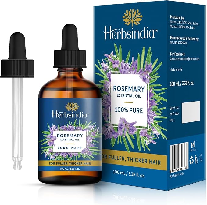 Herbsindia Rosemary Essential Oil for Hair - Huge 3.3 Fl Oz - 100% Pure - Premium Grade with Glass Dropper, Undiluted, Non-GMO