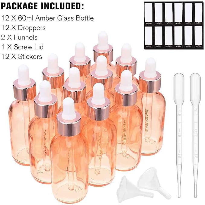 PrettyCare Glass Eye Dropper Bottles 2oz (60ml), 12 Pcs Empty Thick Pink Rose Glass Bottles Bulk with Leakproof Cap - With Labels & Funnel for for Storage, Travel,Essential Oils, DIY Serums, Tincture