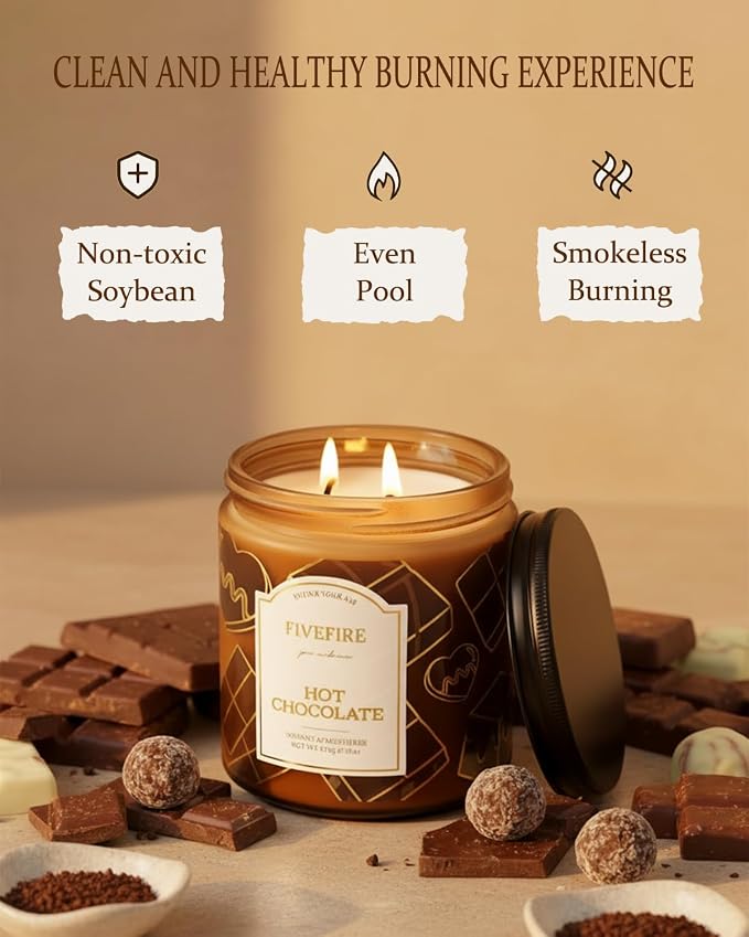 Hot Chocolate Scented Candles for Winter Home, 13oz Natural Soy Wax 2-Wick Jar, Up to 76-Hour Clean Burn, Rich Cocoa Chocolate Home Fragrance, Gift for Women Men