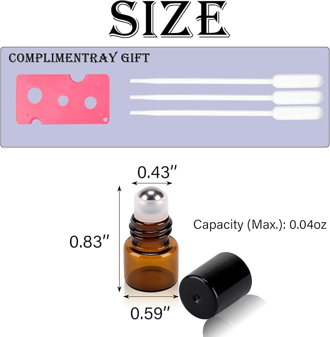 120 pack 1ml Amber Glass Roller Bottles for Essential Oils Refillable Roll-on Applicator with Stainless Steel Roller Balls Mini Leak-proof Makeup Containers with Pipettes and Bottle Opener