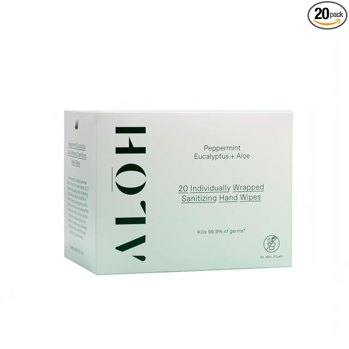 ALŌH Skin - Softening Sanitizing Hand Wipes – Peppermint + Eucalyptus Aloe (1 Box of 20 Individually Wrapped Wipes)
