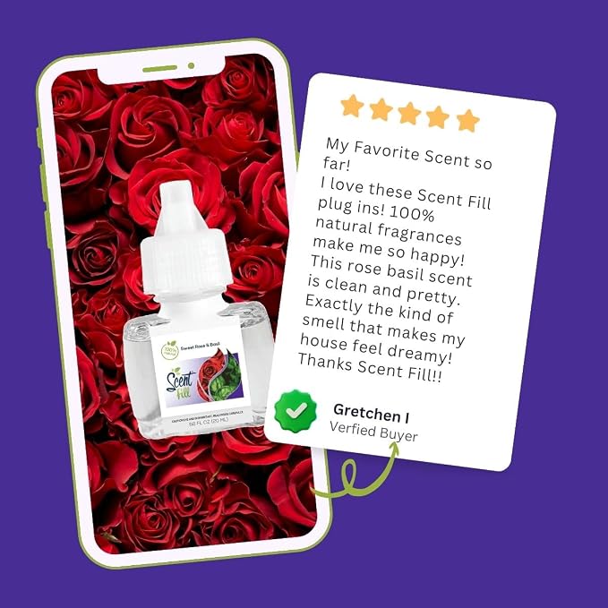 Scent Fill 100% Natural Sweet Rose & Basil Plug in Air Freshener, Scented Oil Refills, 3 Refills