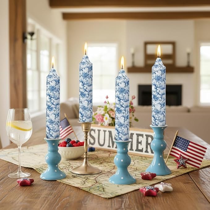 7 Inch Blue and White Taper Candles Short Chunky Candle Sticks Handmade Unscented Smokeless Chinoiserie Floral Thick Candles for Nautical Ceremony Dining Table Everyday Meals Family Dinner Elegance