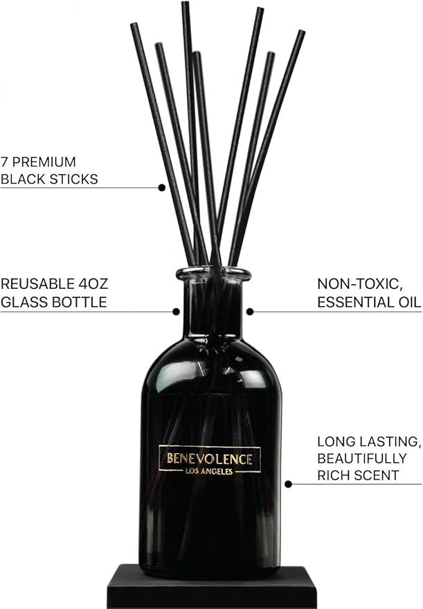 Benevolence LA Premium Rose & Sandalwood Reed Diffuser Set – Essential Oil Diffuser for Home & Bathroom – Up to 120-Day Fragrance with Rattan Sticks & Gift Box – Charcoal Glass Room Décor