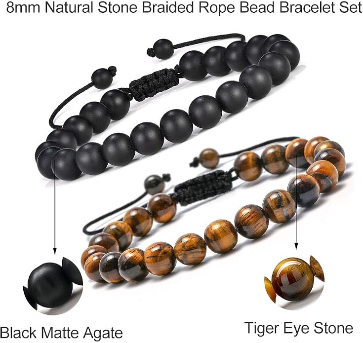 M MOOHAM Mens Bracelet - Beaded Natural Stone 8mm Tiger Eye Matte Agate Lava Rock Bracelets for Men Teen Boys Grandpa Dad Birthday Gifts Jewelry