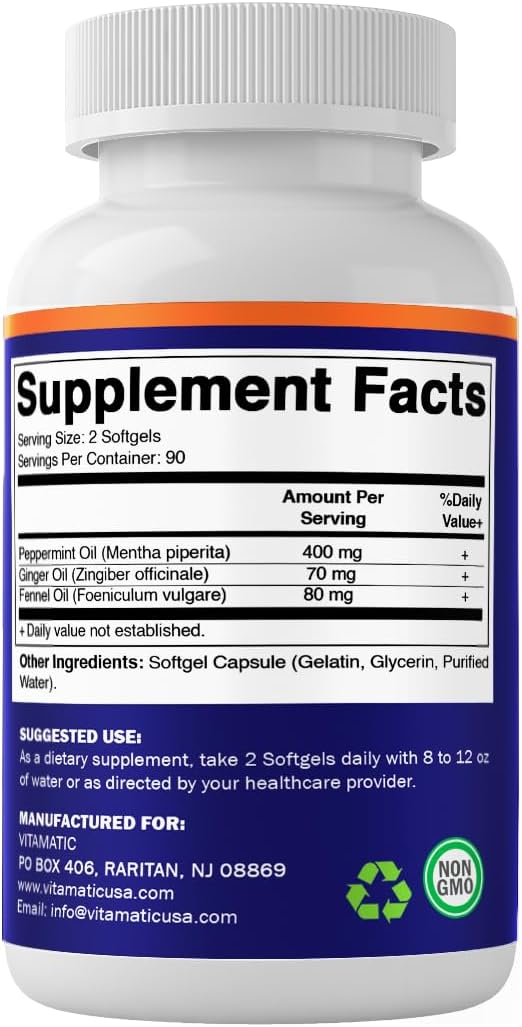 Vitamatic Peppermint Oil Gel with Ginger & Fennel Oils, 550mg per Serving, 180 Softgels