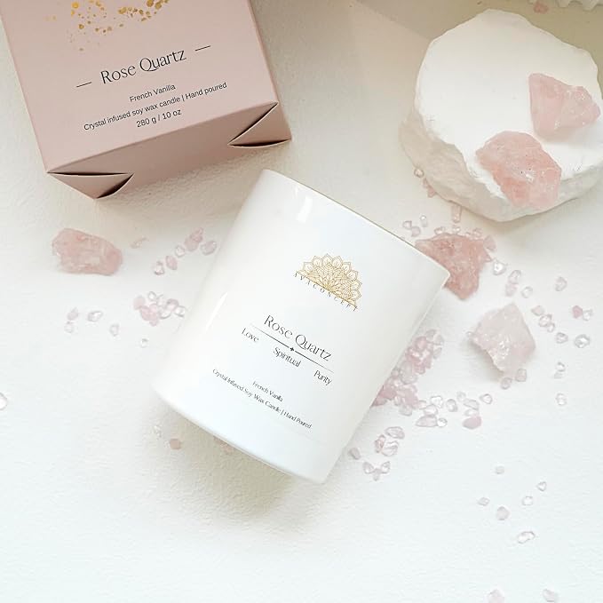 Rose Quartz Crystal Candle – 10oz / 280g | French Vanilla Aromatherapy | Hand-Poured Soy Wax | Genuine Rose Quartz Healing Crystals Embedded | Love, Spiritual & Purity | Gift Box Included