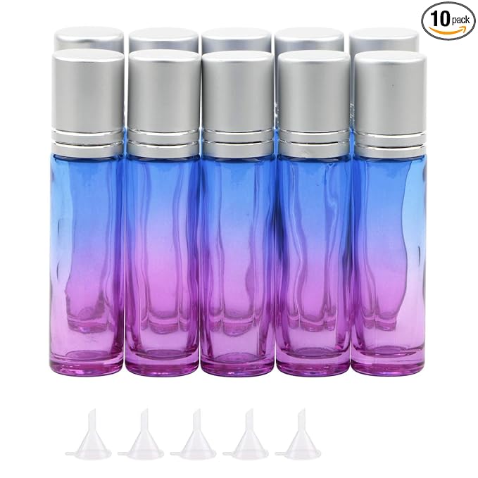 10Pcs Glass Roller Bottles Set, 10ml (1/3oz) Blue Purple Gradient Roll on Vials with Funnels for Essential Oil Aromatherapy Perfume Liquid Massage