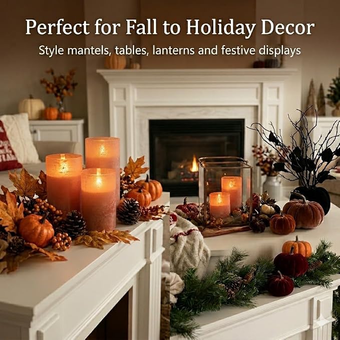 ANGELLOONG Orange Flameless Candles with Remote for Fall Decor, Burnt Orange Real Wax LED Pillar Lights, Flickering Battery Operated Fake Candles for Halloween Christmas Decor