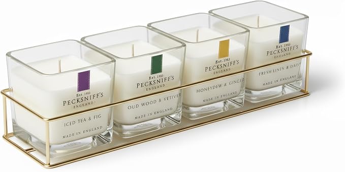 Pecksniff’s Candle Gift Set – Premium Single Wick Candles in Metal Caddy, Handcrafted in England, 4 Scents, 70g Each (Set of 4) – Iced Tea & Fig, Oudwood Vetiver, Honeydew Ginger, Fresh Linen Daisy
