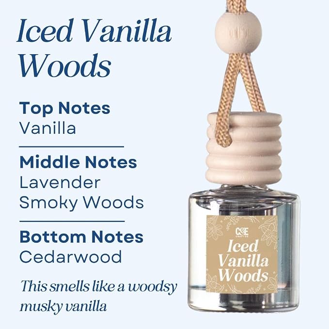 C&E Craft Co Hanging Car Air Freshener Diffuser 2 Pack, Long Lasting Fragrance Oil Car Freshener, Glass Bottle Auto Air Freshener, Made in USA (Iced Vanilla Woods)