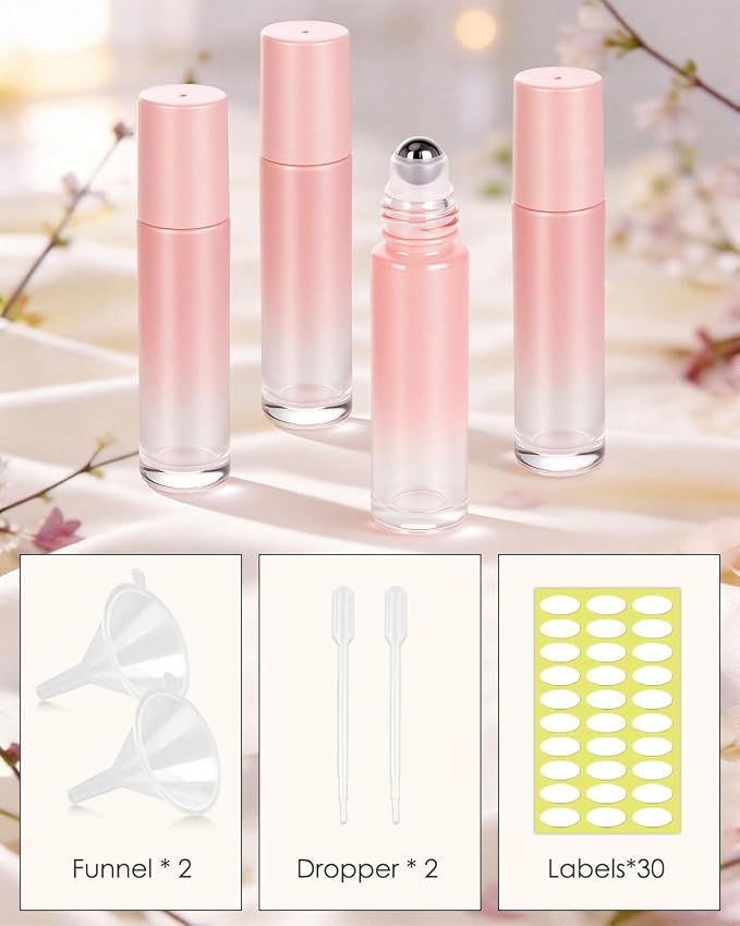 Worldgsb 12 Pack Essential Oil Roller Bottles, 10ml Refillable Glass Roller Bottles with Stainless Steel Roller Balls and Caps for Travel, Perfume and Lip Gloss Pink Gradient