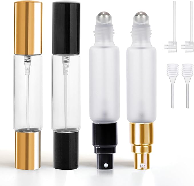 YOCASII 4PCS Dual End Bottle Set — Refillable Roll On Bottles for Essential Oils and Travel Spray Bottle Combo, Portable Perfume Atomizer & Roller Bottles for Castor Oil and Perfume