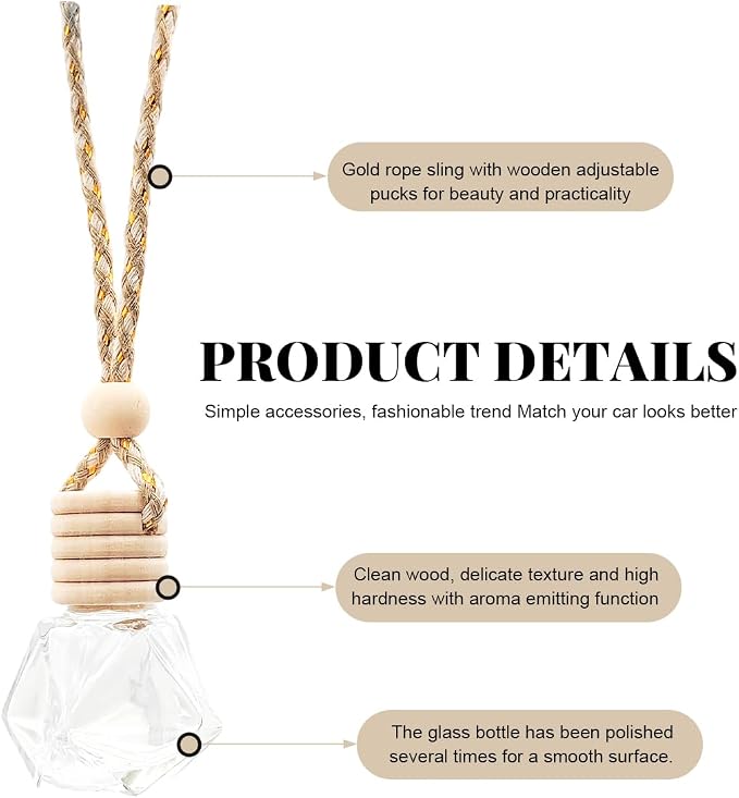 5 PCS Hanging Car Air Freshener, 8ml Empty Clear Glass Perfume Bottle Freshener Diffuser, Essential Oil Fragrance Aromatherapy Bottle Ornament for Car, Interior Car Accessories (Rhombic)