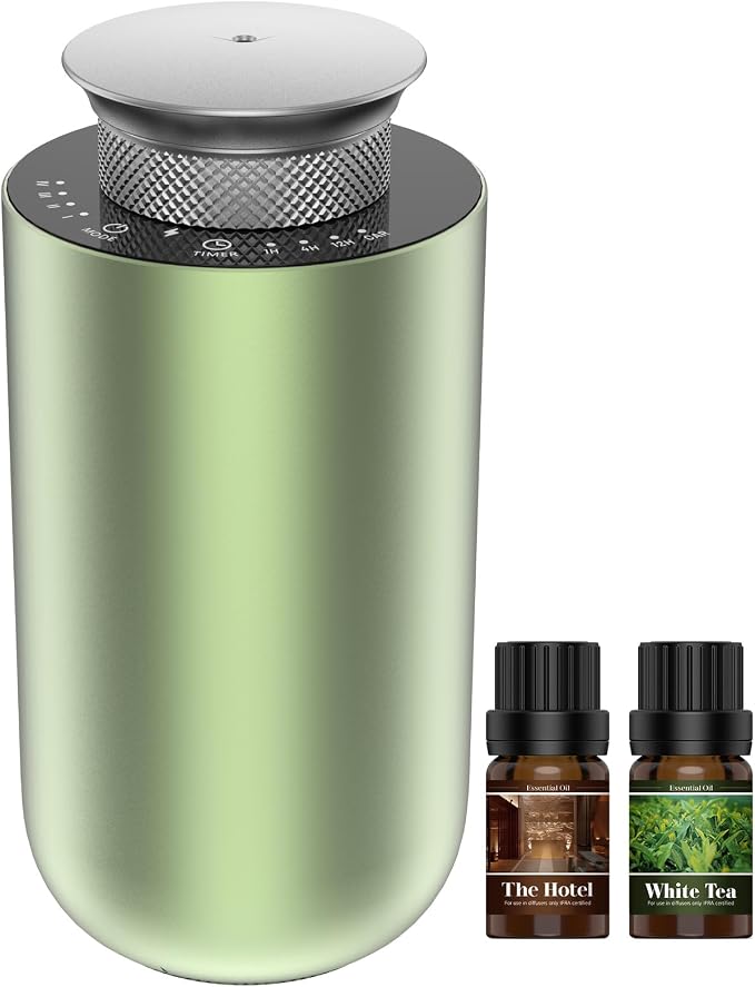 2026 Upgraded Rechargeable Waterless Car Scent Diffuser Kit, Includes 2 Premium Oils, Auto On/Off, 4 Mist Levels & Timers, Portable Aromatherapy Diffuser for Hotel,Home,Room,Studio,Office - Green