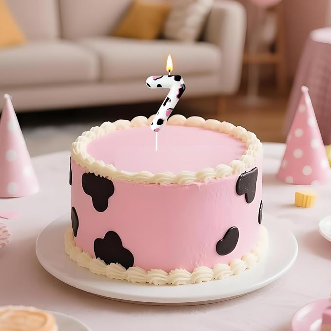 Number 7 Birthday Candle for Cake – Cow Print Design in White Black Pink – Farm Theme & Cowgirl Party Cake Topper Decoration