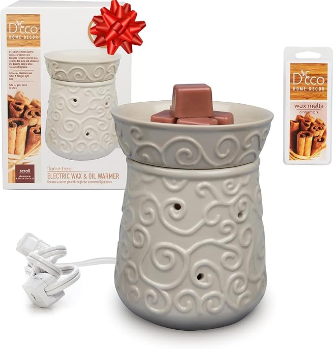 D'Eco Fragrance Wax Melt Warmer - Electric Scented Tart & Candle Warmer w 4 Cinnamon Cubes- Plug-in Halogen Bulb Melts Cubes & Fills Room w Fresh Scents & Night Light Glow- Holiday Xmas Must Have Gift