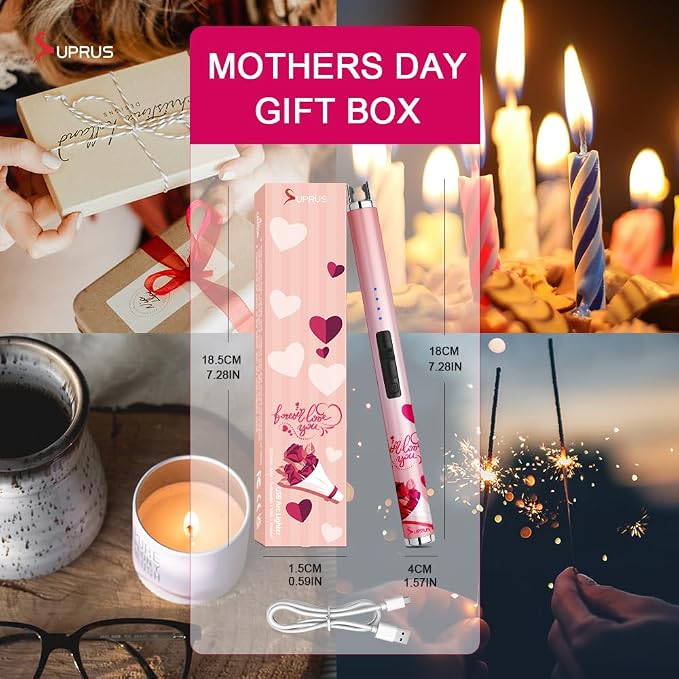 SUPRUS Candle Arc USB Type C Lighter Electric Lighter with Upgraded LED Battery Display Safety Switch Rechargeable Flameless Plasma Windproof Portable for Mother‘s Day (Pink)