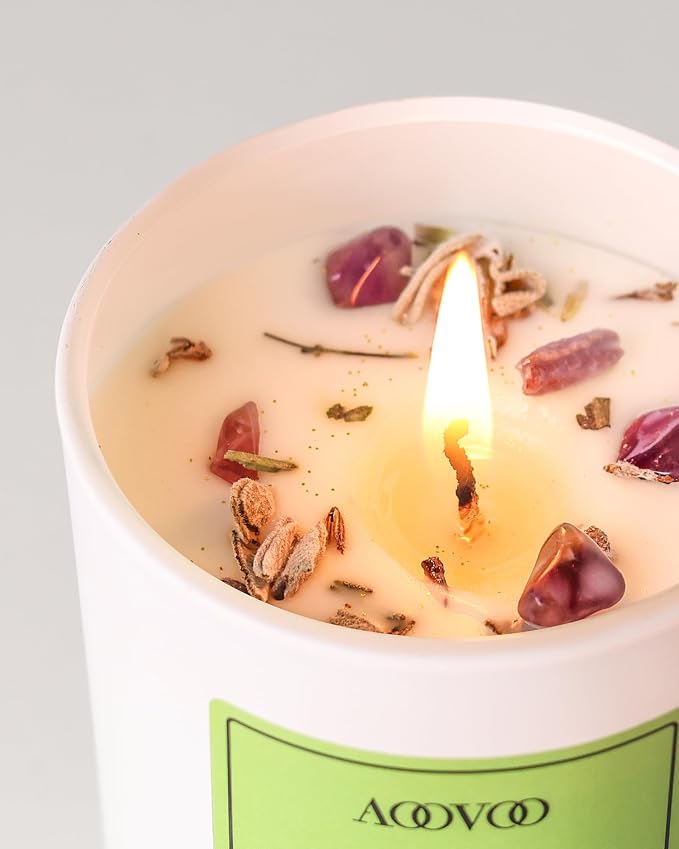 AOOVOO Sage Scented Candles for Women - Aromatherapy Candle with Crystals Inside, 10oz Soy Candles for Home Scented, Birthday Gifts Valentines Day Candle for Women Mom