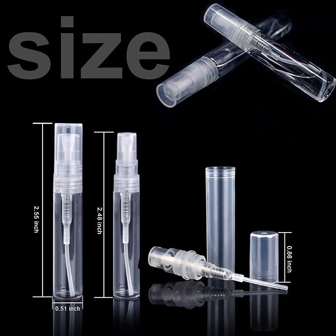 Fandamei 60 Pack 3ml Mini Spray Bottle, Clear Plastic Empty Cute Perfume Atomizer Bottle for Cleaning, Travel, Essential Oils, Perfume.