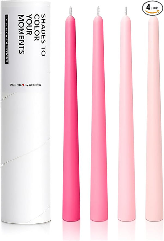 10" Classic Taper Candles, Pink Shades, 4-Pack, 7-8 Hours Long Burning, Unscented Tall Candlesticks