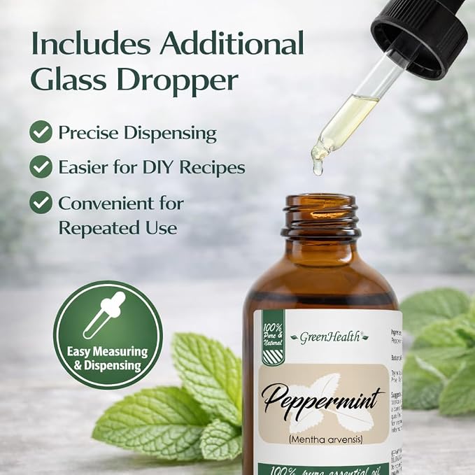 GreenHealth Peppermint Essential Oil 4 fl oz - 100% Pure Essential Oil - Amber Glass Bottle w/Glass Dropper - Fresh Mint Aroma for Diffusers, Candles, Soap Making, DIY Use