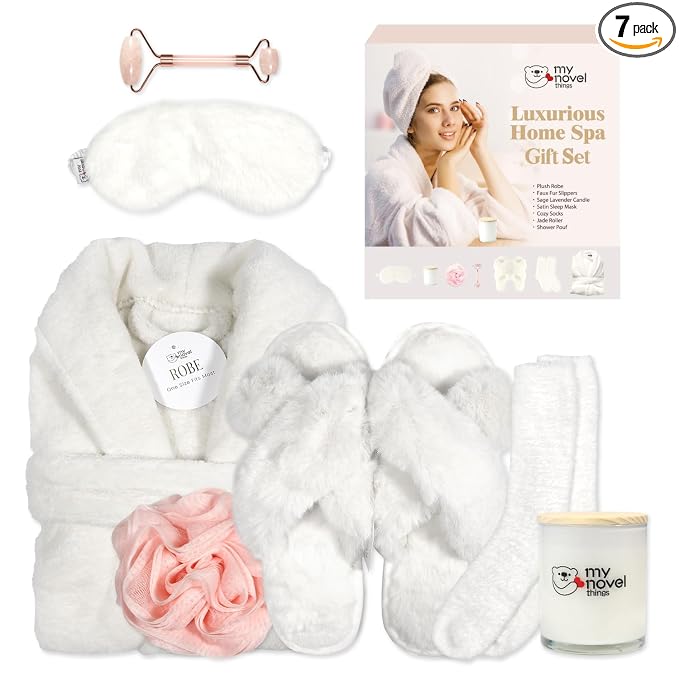 my novel things Birthday Gifts for Women, Bathrobe Set, Spa Robe and Slippers set with Scented Candle Self Care 7 Pack for Christmas Thanksgiven Valentine's Day Gift Unique for Her Mother Mom Girl
