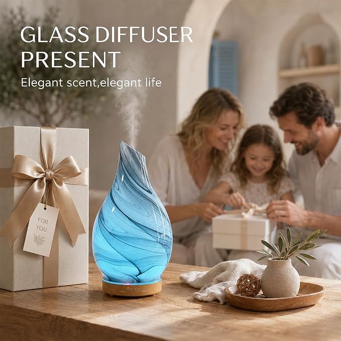 Glass Essential Oil Diffuser with 3 Aromatherapy Oils,200ml Small Humidifier for Bedroom with Timer,7 LED Color Lights for Office Home Room Decor Gifts for Women Men