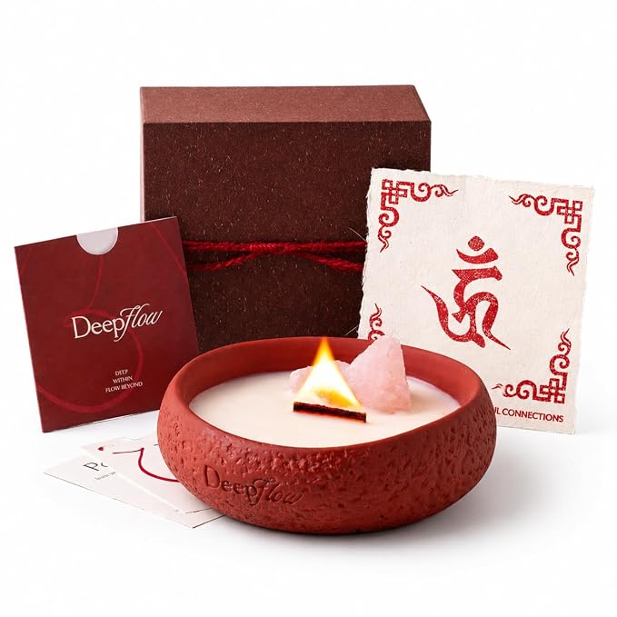 DEEP FLOW Rose Quartz Love Energy Candle - Soft Peach Floral Scent, Luxury Scented Candle with Healing Crystals for Self-Care & Romance (Nurturing Serenity)