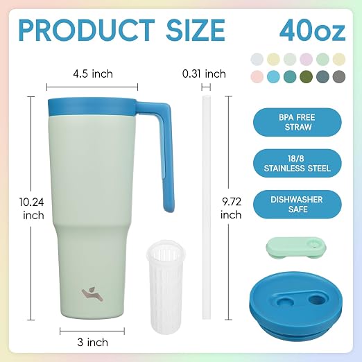 Konokyo 12 Pack 40 Oz Tumblers with Handle and Straw, Bulk Vacuum Insulated Stainless Steel Travel Mugs with Lids for Office, Events and Group Orders Mist Blue